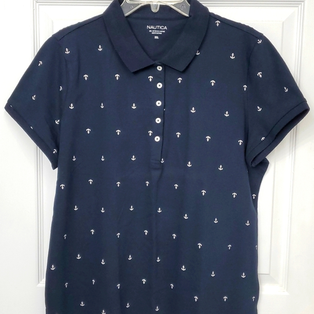 Nautica NEW size XXL navy blue top with white anchors. Great cruise, golf top.